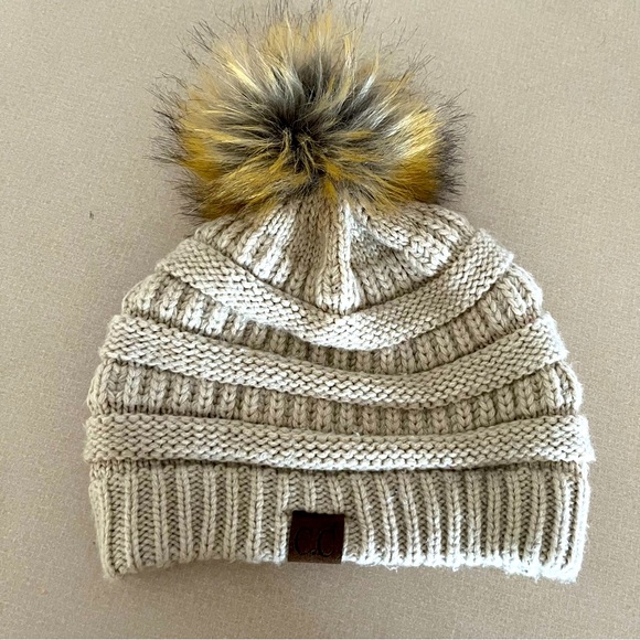 C.C. Beanie Solid Beige Color Slouchy Knit Stocking Cap with Faux Fur Pom Pom - Picture 5 of 5